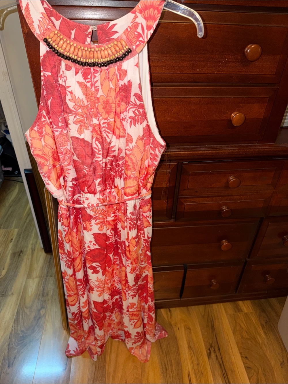 Luxology Coral and Peach Floral Halter Maxi Dress with Beaded Neckline
